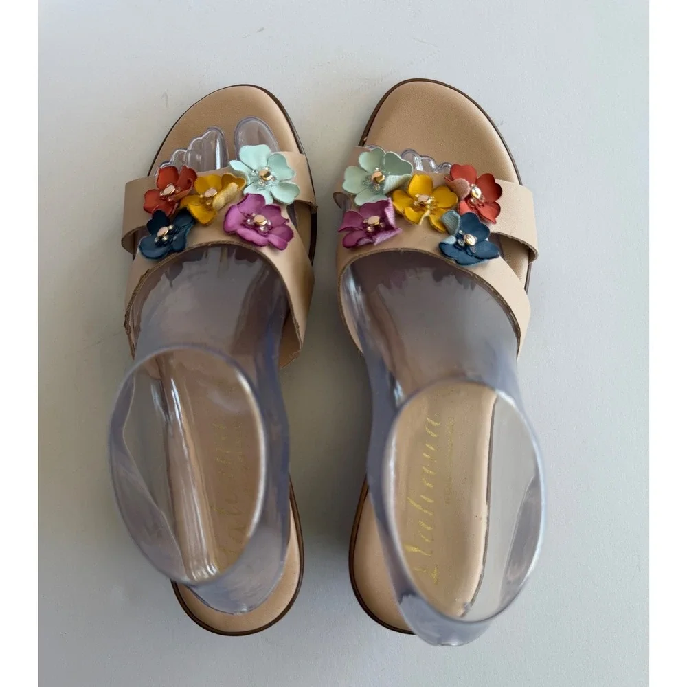 Italiana Beige Leather Floral‎ Wedge Sandals  Multi Color Flowers 9.5